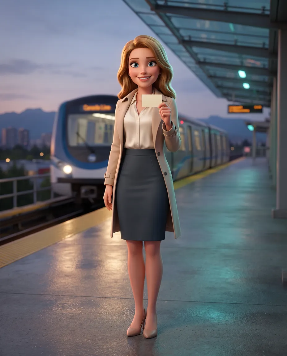 Illustration: the guide on a rain-wet Canada Line platform in Richmond, holding out a blank card