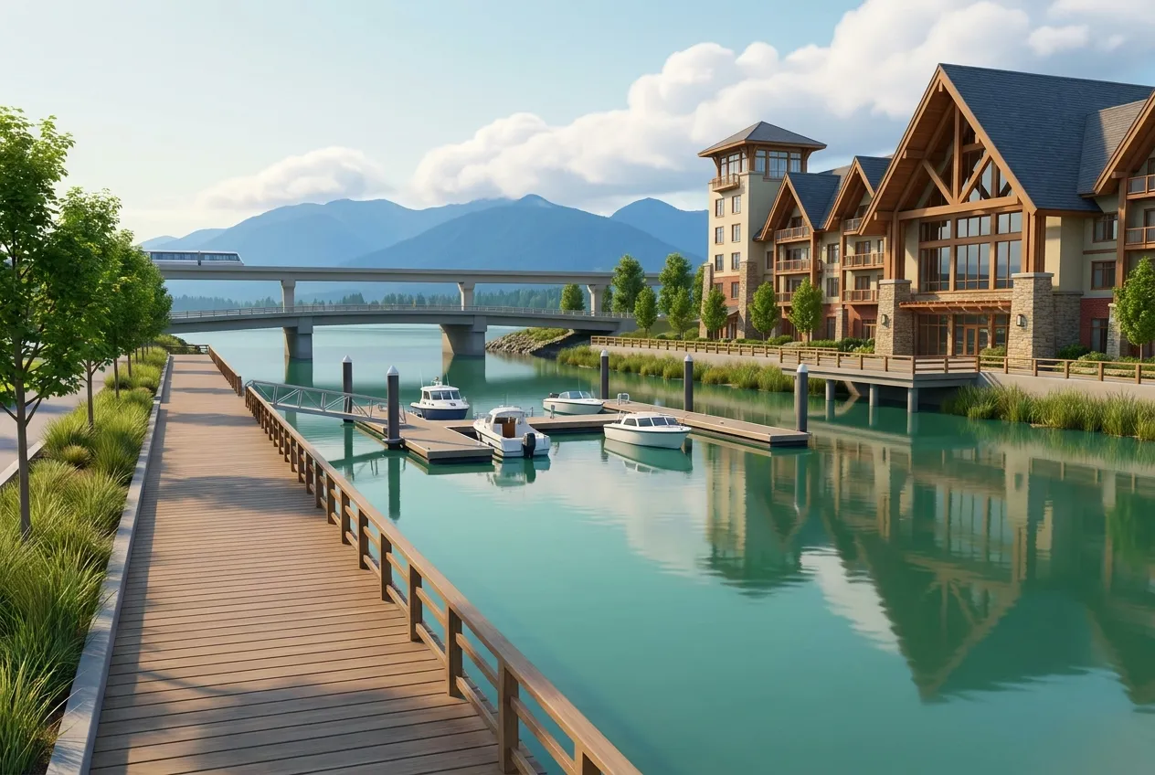 Illustration: a timber boardwalk and marina beside a lodge-style hotel on the Fraser River