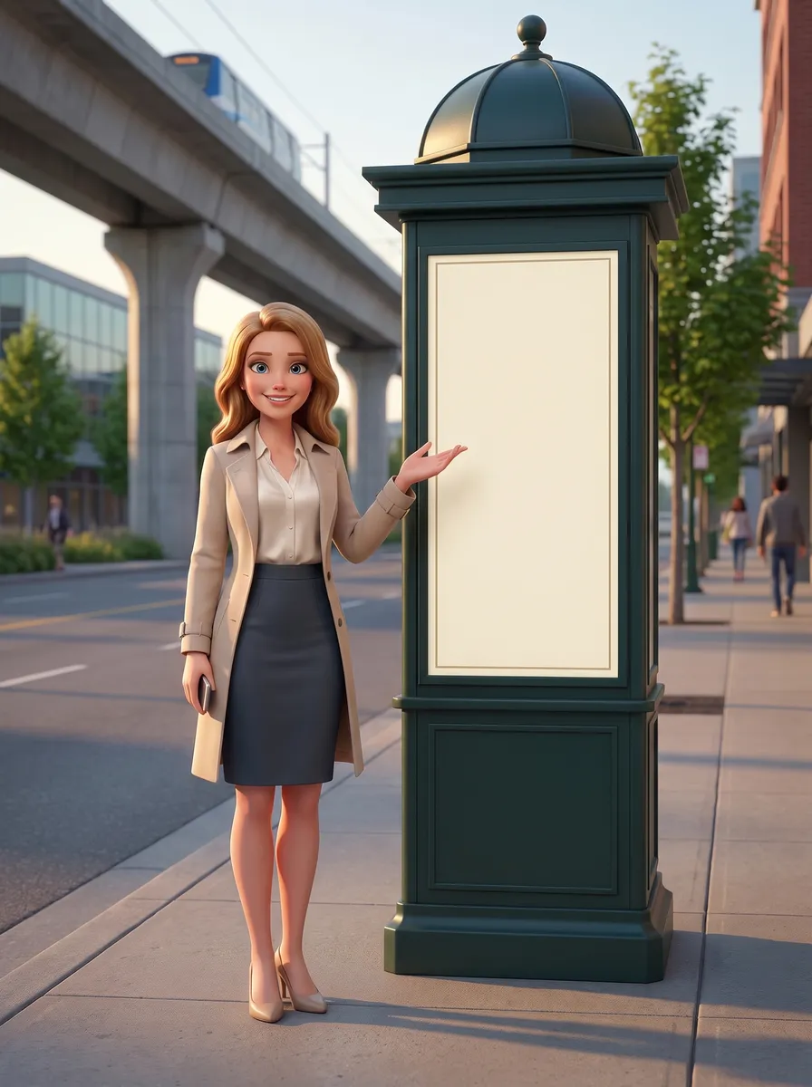 Illustration: the guide pointing to the notice frame on a green poster column under the Canada Line